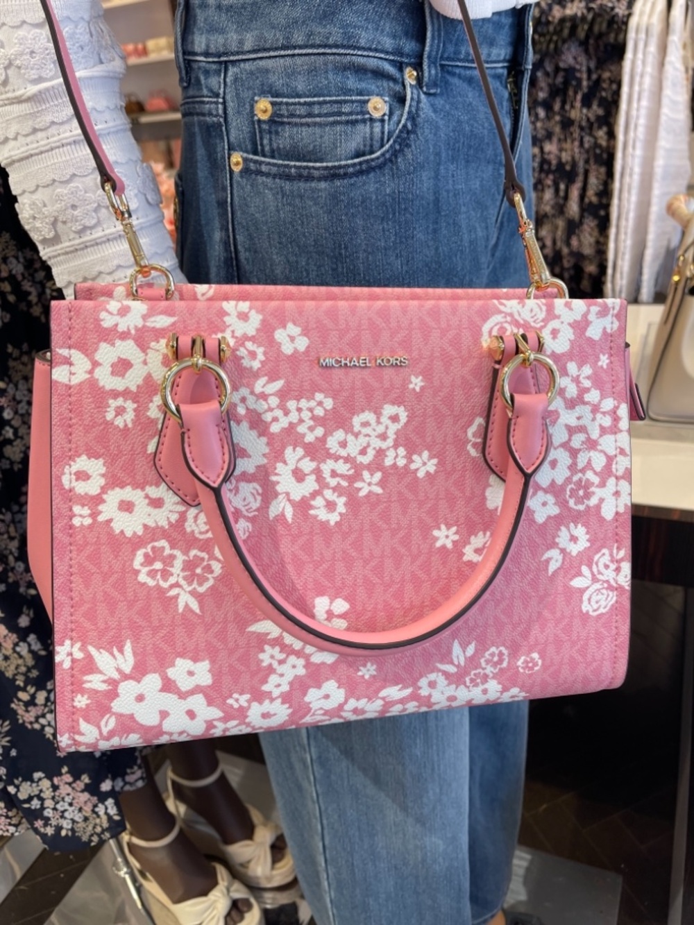 MICHAEL KORS Marilyn Medium Printed Signature Logo Satchel Crossbody Carnation - Picture 15 of 16